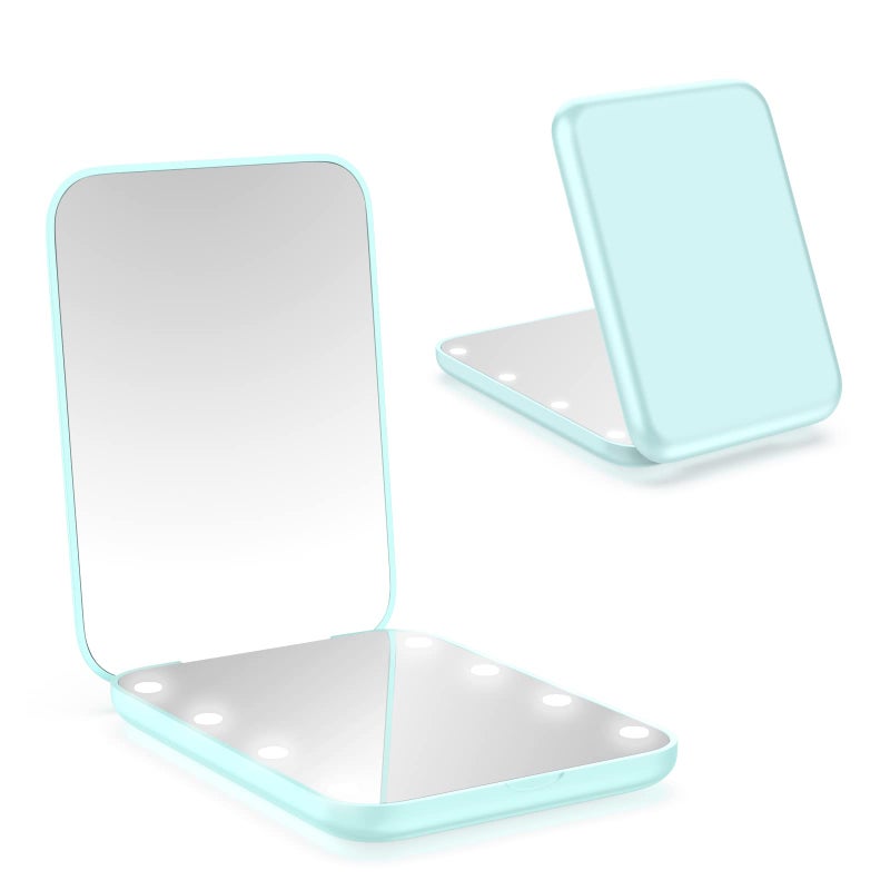WOBSION Small Mirror with Lights,LED Compact Makeup Mirror,1x/3x Mini Travel Mirror with Magnification,Portable for Purse,Pocket,Gifts for Girls,Cyan - Image 1